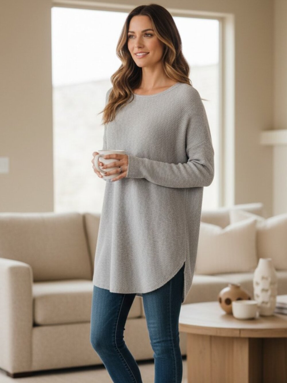 Joan Vass Gray Cashmere Blend Long Sleeve Tunic Length Sweater - Size S